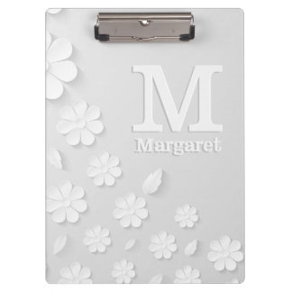 Carpeta De Pinza Iniciales de nombre grabado en relieve floral blan