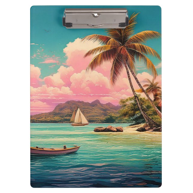 Carpeta De Pinza Isla de cosecha hawaiana, palmera, barco, rosa (Anverso)