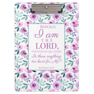 Carpeta De Pinza Jeremías 32:27 con fondo de flores moradas