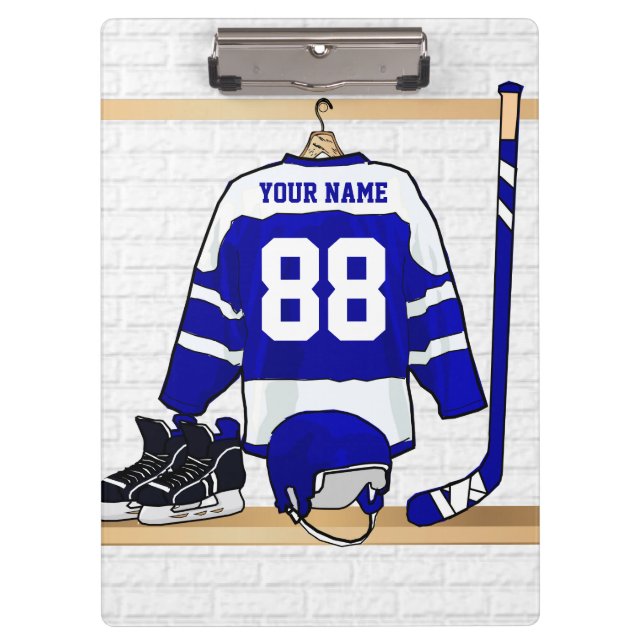 Carpeta De Pinza Jersey azul y blanco personalizado del hockey (Anverso)