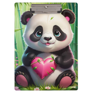 Carpeta De Pinza Kawaii Panda sosteniendo el corazón en un bosque d