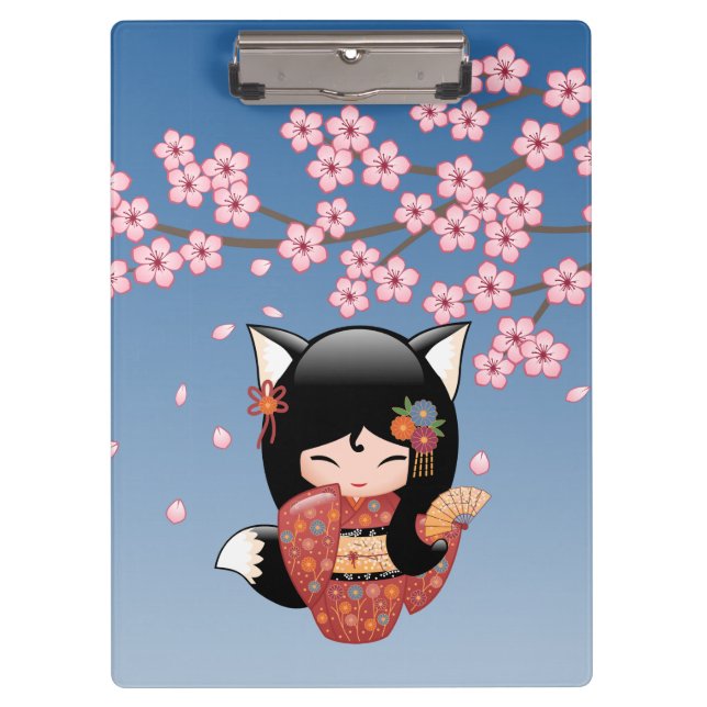 Carpeta De Pinza Kitsune Kokeshi Doll - Chica negro Fox Geisha (Anverso)