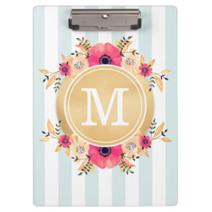Carpeta De Pinza La menta raya monograma del oro de las flores de