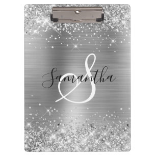Carpeta De Pinza Laminado Plateado Brillante con Monograma Elegante
