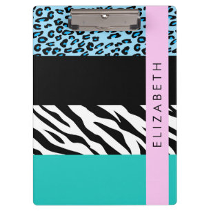 Carpeta De Pinza Leopard Print, Zebra Print, Blue, Your Name
