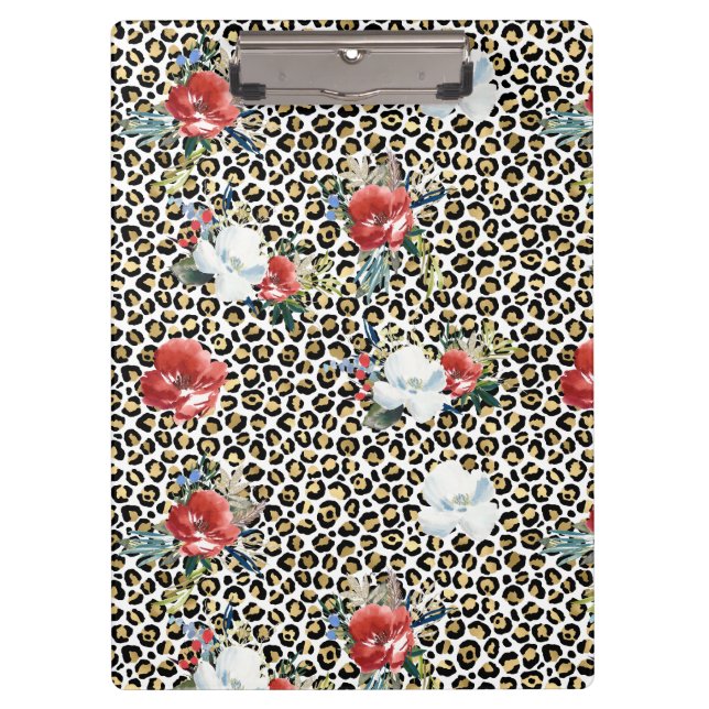 Carpeta De Pinza Leopardo dorado Imprimir Floral Blanco Rojo (Anverso)