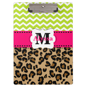 Carpeta De Pinza Leopardo rosado verde Chevron personalizado