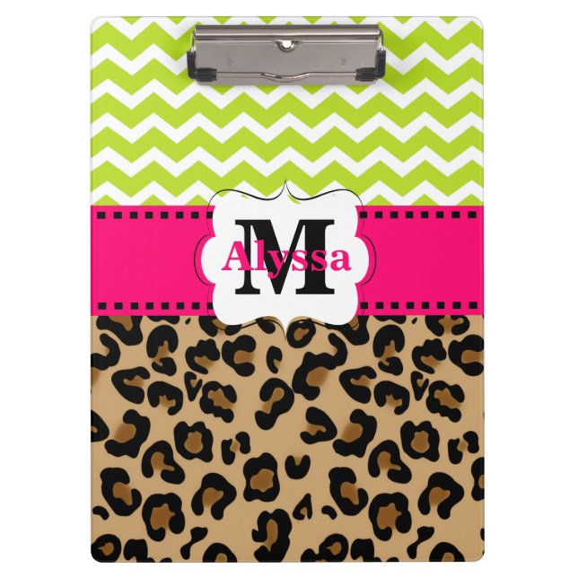 Carpeta De Pinza Leopardo rosado verde Chevron personalizado (Anverso)