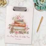 Carpeta De Pinza Libros de citas personalizados y rosas rosas rosas<br><div class="desc">Sumérjase en su corazón de biblioteca con este encantador portapapeles que incluye citas de libros personalizados, rosas rosas rosas rosadas antiguas y una pila de libros caprichosos. Perfecto para los gusanos de biblioteca que adoran las flores de bonito y el arte romántico, esta estética de acuarela floral añade una deliciosa...</div>