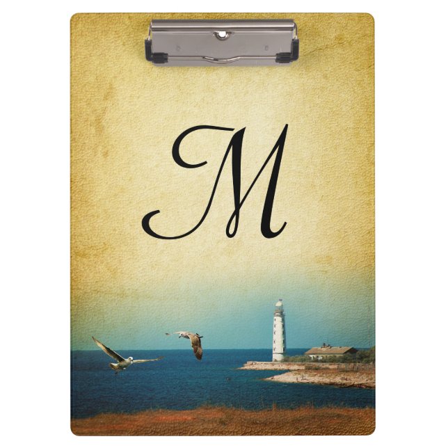 Carpeta De Pinza Lighthouse Beach Scene Monograma Placa Clip inicia (Anverso)