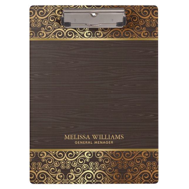 Carpeta De Pinza Madera Faux Marrón Con Borde De Baños De Oro (Anverso)