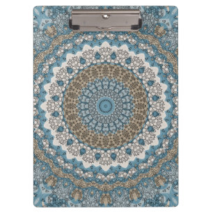 Carpeta De Pinza Mandalas Azul y Beige Intrincado Patrón Geométrico