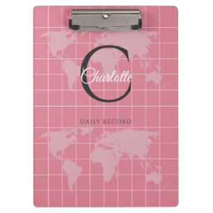 Carpeta De Pinza Mapa Mundial Monograma Personalizado Rosa Milenial