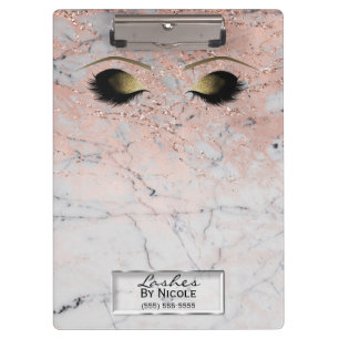 Carpeta De Pinza Maquillaje Dorado Mármol Rosa Pestañas Personaliza