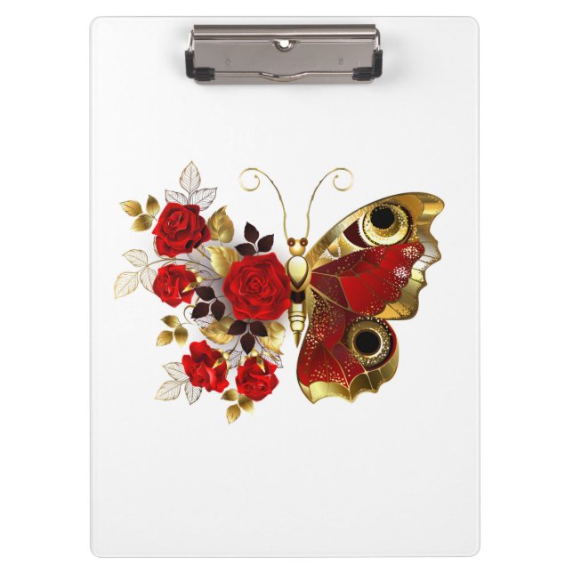 Carpeta De Pinza Mariposa de flor roja con rosas rojas (Anverso)