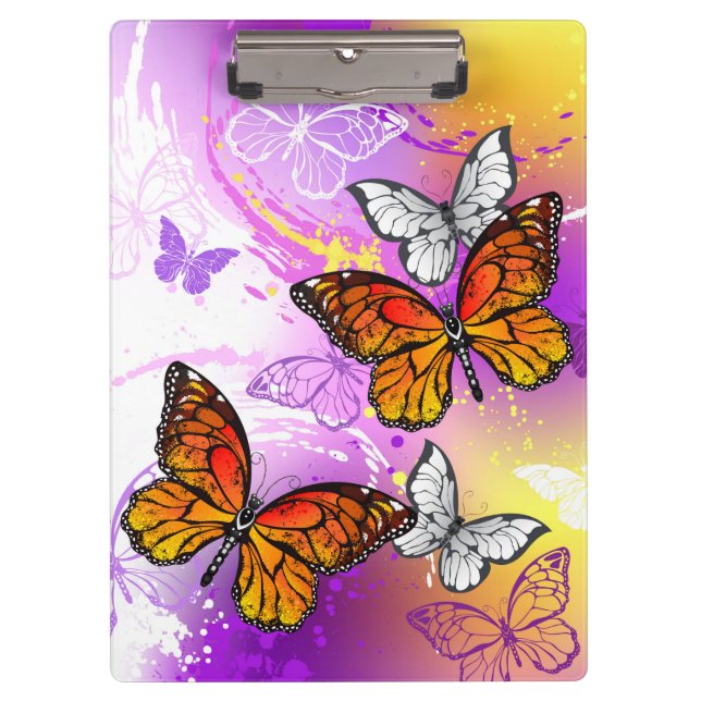 Carpeta De Pinza Mariposas monarcas en fondo morado (Anverso)