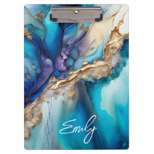 Carpeta De Pinza Mármol Azul Dorado Nombre Personalizado en letra c