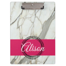 Carpeta De Pinza Mármol blanco y fucsia rosa nombre a la medida de