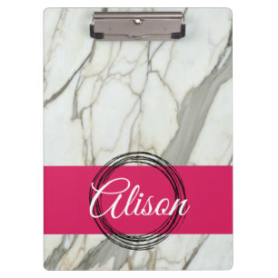 Carpeta De Pinza Mármol blanco y fucsia rosa nombre a la medida de