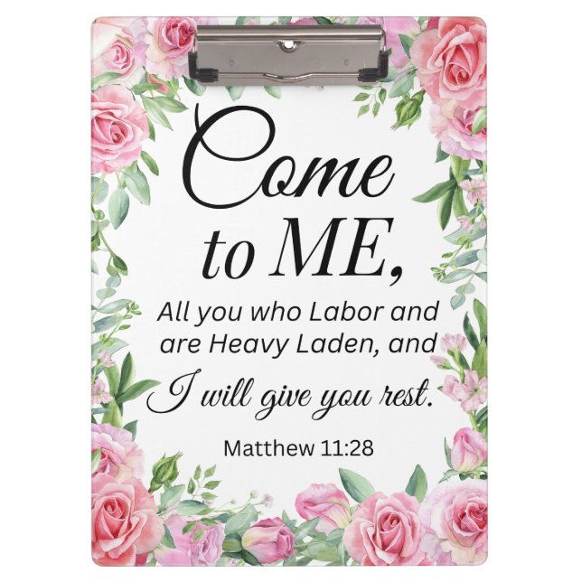 Carpeta De Pinza Mateo 11:28 Biblia motivacional versus Rosa floral (Anverso)