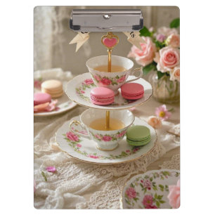 Carpeta De Pinza Mesa floral, tazas de té, bandejas apiladas, reina