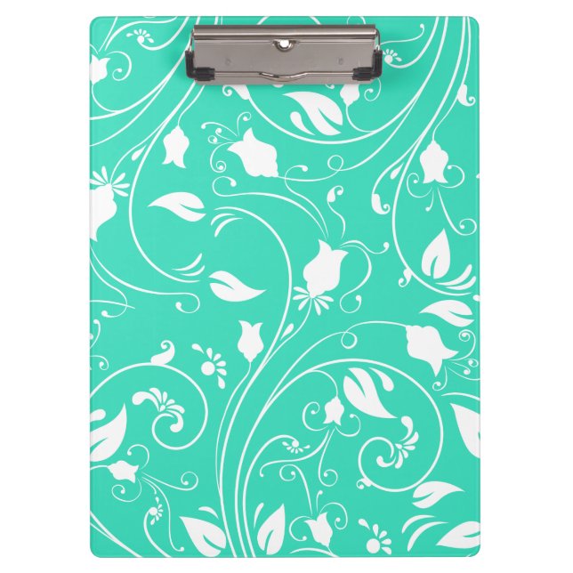 Carpeta De Pinza Mint Green, White Floral Swirls; Flores (Anverso)