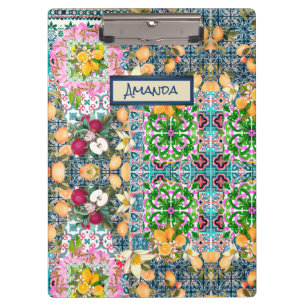 Carpeta De Pinza Moda azul rosa cítrico siciliano baldosas florales