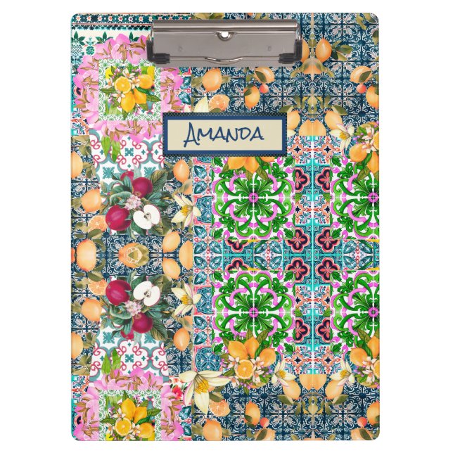 Carpeta De Pinza Moda azul rosa cítrico siciliano baldosas florales (Anverso)