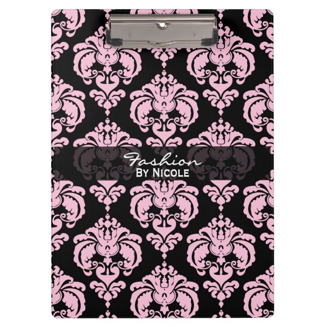 Carpeta De Pinza Moda de damasco rosa y negro elegante Glam persona (Anverso)