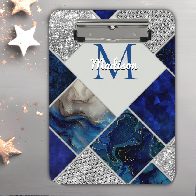 Carpeta De Pinza Moda girly faux Purpurina plata azul geométrico (Subido por el creador)