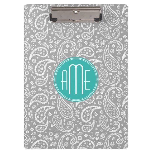 Carpeta De Pinza Modelo gris floral elegante de Paisley y monograma (Anverso)