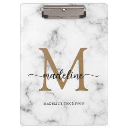 Carpeta De Pinza Modern Marble Gold Girly Script Monogram