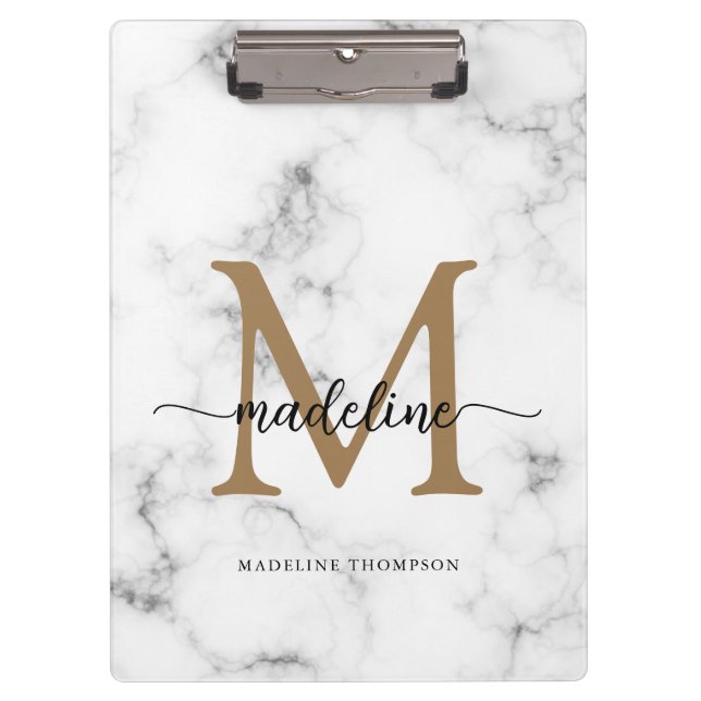 Carpeta De Pinza Modern Marble Gold Girly Script Monogram (Anverso)
