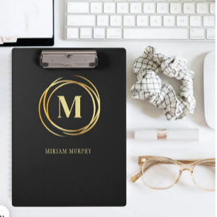 Carpeta De Pinza Modern metallic gold circle shape monogram black