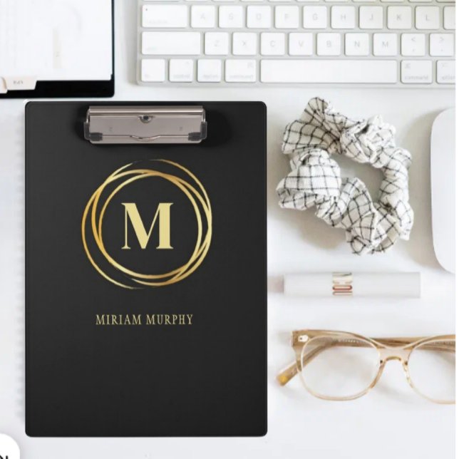 Carpeta De Pinza Modern metallic gold circle shape monogram black (Subido por el creador)