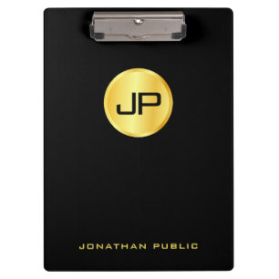 Carpeta De Pinza Moderna Elegante Monogramada En Negro Y Oro