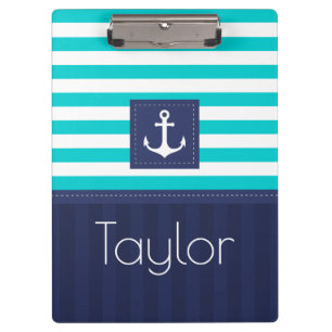 Carpeta De Pinza Moderna marina Aqua Stripes Anchor Personalizado