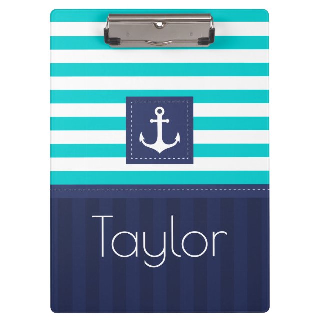 Carpeta De Pinza Moderna marina Aqua Stripes Anchor Personalizado (Anverso)