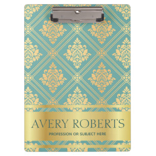 Carpeta De Pinza Moderno Profesional Metálico Floral Cyan oro