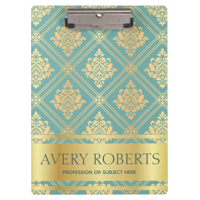 Carpeta De Pinza Moderno Profesional Metálico Floral Cyan oro (Anverso)