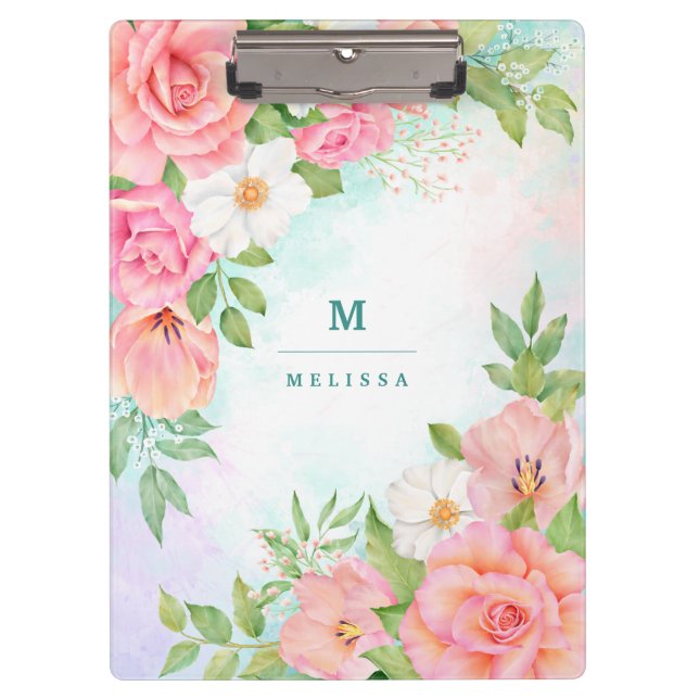 Carpeta De Pinza Monograma Acuarela Floral Vegetación Rosa (Anverso)