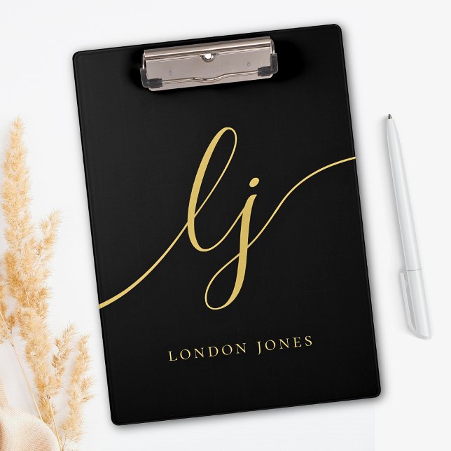 Carpeta De Pinza Monograma Black Gold Script Iniciales Profesionale (Subido por el creador)