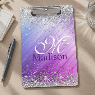 Carpeta De Pinza Monograma brillante de falso plata morado cepillad