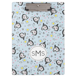 Carpeta De Pinza Monograma con Patrón de Unicornio Azul Pastel Feme