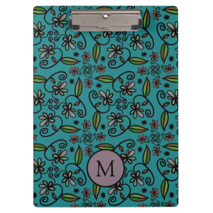 Carpeta De Pinza Monograma con patrón floral en azul turquesa lindo