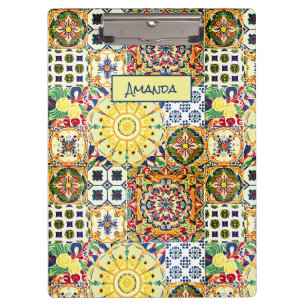 Carpeta De Pinza Monograma de baldosas geométricas mediterráneas de