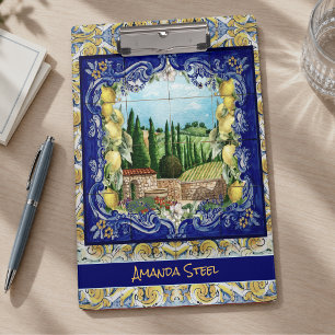 Carpeta De Pinza Monograma de cítrico italiano de mayólica azul de