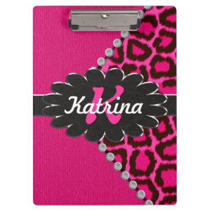 Carpeta De Pinza Monograma de cuero negro en guepardo rosado