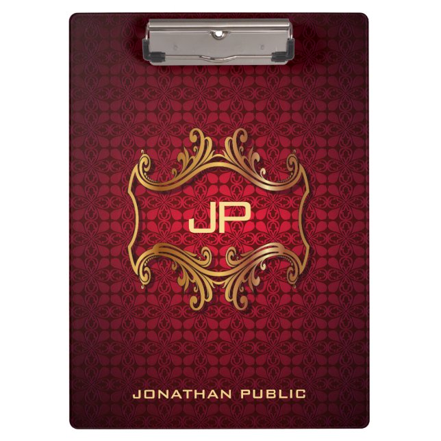 Carpeta De Pinza Monograma de Damasco Rojo Clásico personalizado El (Anverso)