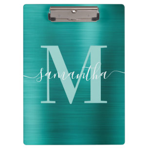 Carpeta De Pinza Monograma de firma Aqua Teal Brillo Foil 